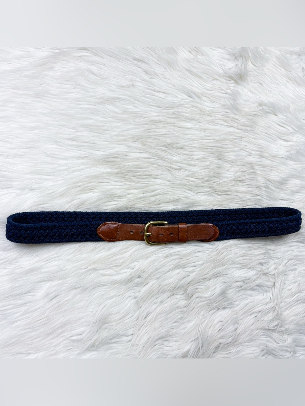 Vintage Surcingle Web Leather Woven Knit Fabric Belt Navy Blue Preppy 36 Medium